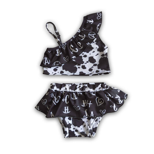 Cow Print & Brand Ruffle 2-Piece Swimsuit